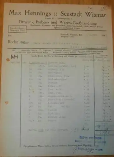 Drogen und Farben - Max Hennings in Wismar , 1939 , alte Rechnung , Mecklenburg