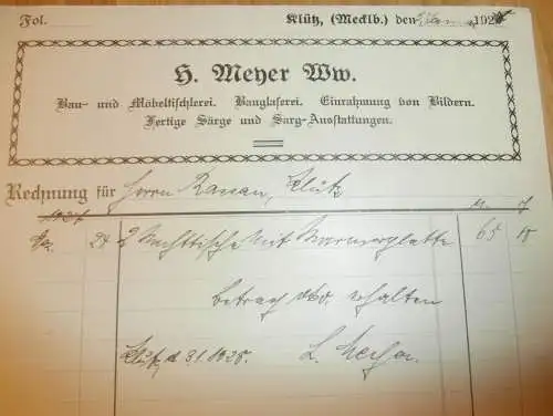 Glaserei - H. Meyer in Klütz , 1928 , alte Rechnung , Mecklenburg !!