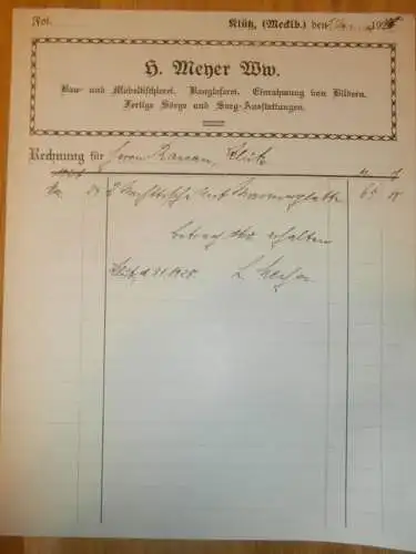 Glaserei - H. Meyer in Klütz , 1928 , alte Rechnung , Mecklenburg !!