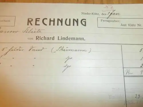 Richard Lindemann in Nieder - Klütz , 1928 , Klütz , alte Rechnung , Mecklenburg !!