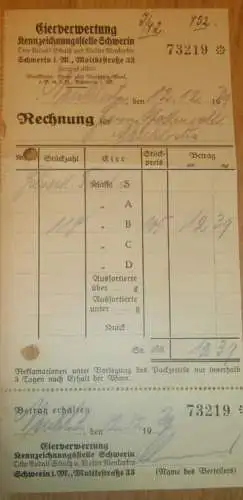 Eier-Kennzeichnungsstelle Schwerin 1939 , alte Rechnung , Reklame , Werbung , Mecklenburg !