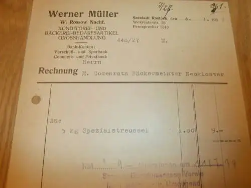 Bäckerei-Handlung , W. Müller / W. Rossow in Rostock , 1939 , Bäcker , alte Rechnung , Reklame , Werbung , Mecklenburg !