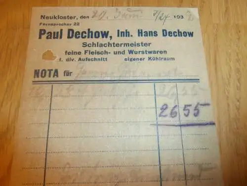Schlachtermeister - Paul Dechow in Neukloster 1924 , Schlachter , alte Rechnung , Reklame , Werbung , Mecklenburg !!