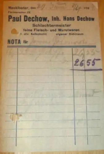 Schlachtermeister - Paul Dechow in Neukloster 1924 , Schlachter , alte Rechnung , Reklame , Werbung , Mecklenburg !!