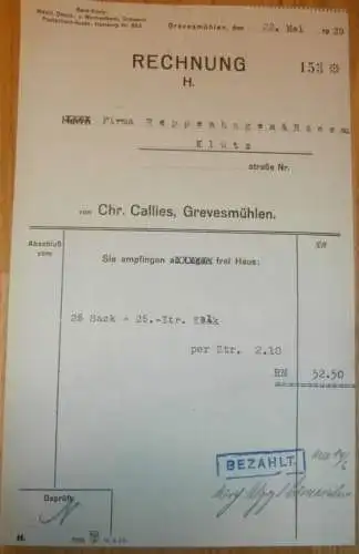 Chr. Callies in Grevesmühlen , 1929 , alte Rechnung , Reklame , Werbung , Mecklenburg !!