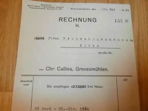 Chr. Callies in Grevesmühlen , 1929 , alte Rechnung , Reklame , Werbung , Mecklenburg !!