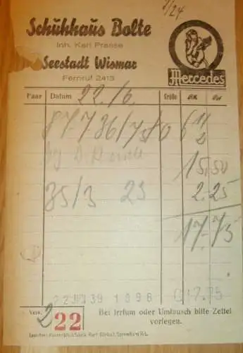 Schuhhaus Bolte in Wismar , 1939 , alte Rechnung , Reklame , Werbung , Mecklenburg !!
