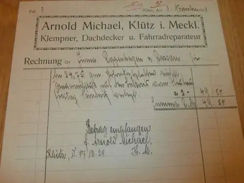 Dachdecker - Arnold Michael in Klütz , 1928 , Klempner , alte Rechnung , Reklame / Werbung , Mecklenburg !!