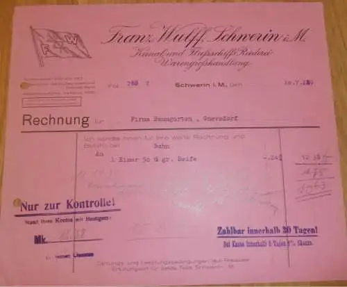 Kanal- und Flußschiff - Reederei - Franz Wulff in Schwerin ,1929, Schiff alte Rechnung , Reklame / Werbung , Mecklenburg