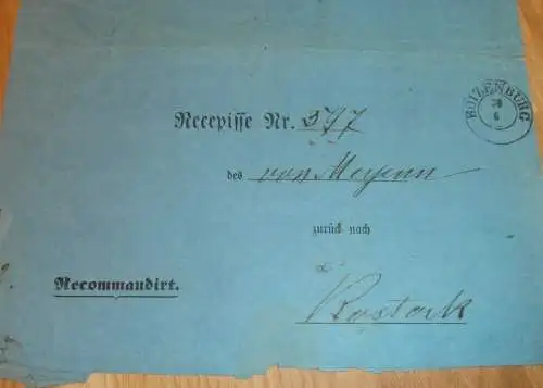 alte Post-Quittung , 1868 , Rostock - Boizenburg , Recepisse , Post , Mecklenburg !!