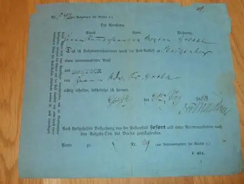 alte Post-Quittung , 1868 , Rostock - Boizenburg , Recepisse , Post , Mecklenburg !!