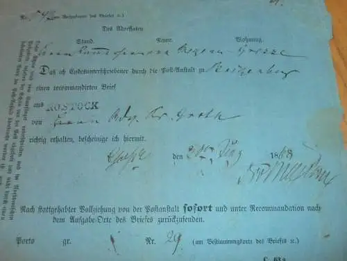 alte Post-Quittung , 1868 , Rostock - Boizenburg , Recepisse , Post , Mecklenburg !!