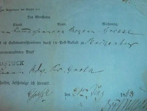 alte Post-Quittung , 1868 , Rostock - Boizenburg , Recepisse , Post , Mecklenburg !!