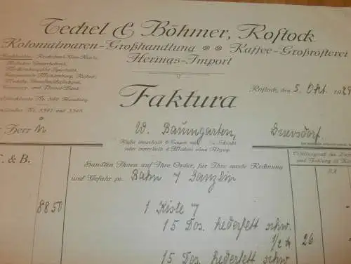 Kolonialwaren - Techel & Böhmer in Rostock , 1929 , alte Rechnung , Gnevsdorf , Reklame / Werbung , Mecklenburg !!