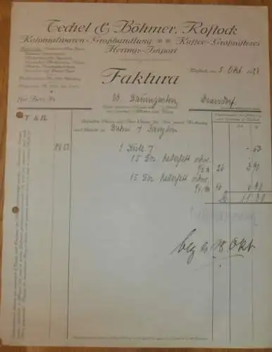 Kolonialwaren - Techel & Böhmer in Rostock , 1929 , alte Rechnung , Gnevsdorf , Reklame / Werbung , Mecklenburg !!