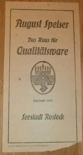 Qualitätsware - August Speiser in Rostock , 1928 , alte Rechnung , Reklame / Werbung , Mecklenburg