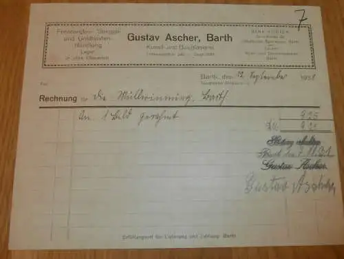 Kunst-Glaserei Gustav Ascher in Barth , 1931 , alte Rechnung , Mecklenburg !!
