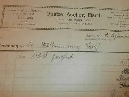 Kunst-Glaserei Gustav Ascher in Barth , 1931 , alte Rechnung , Mecklenburg !!