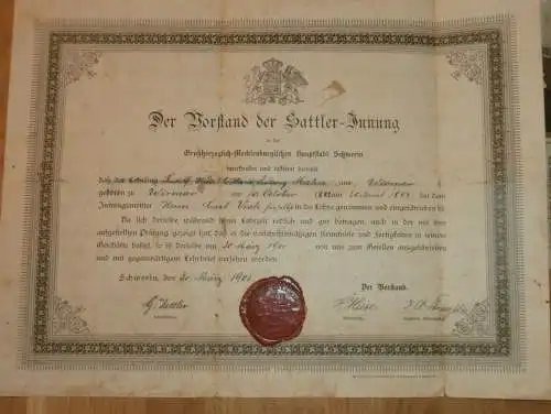 große Urkunde mit Siegel -Sattler-Innung in Schwerin / Wismar 1901 , Carl Vick , Rudolf Mahn , Mecklenburg !!