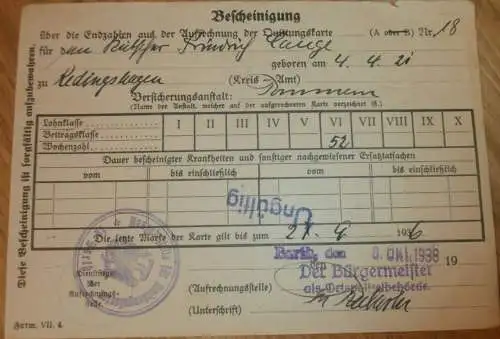 Bürgermeister in Barth i.M., 1938 , Bescheinigung / Ausweiskarte , Polizei , Mecklenburg !!