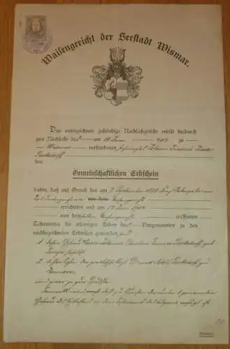 Waisengericht - Wismar 1904 , Erbschein , mit Marke , Suckstorff , Mecklenburg !!