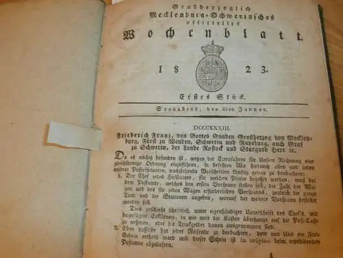 Wochenblatt Mecklenburg - Schwerin Jahrgang 1823 Jan.-Dez, Tiere , Pferde , Güter , Ländereien , Städte , Dörfer