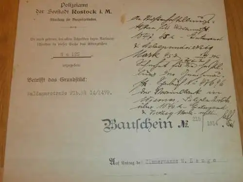 Bauschein - Polizeiamt Rostock 1914 , Acht-Familienhaus , Waldemarstraße , Zimmermann W. Lange , Architektur !!