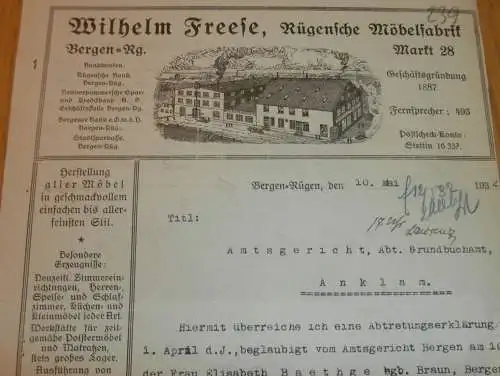 Rügensche Möbelfabrik - Wilhelm Freese in Bergen a. Rügen , 1932 , Elisabeth Baethge , Hypothek Mecklenburg !!