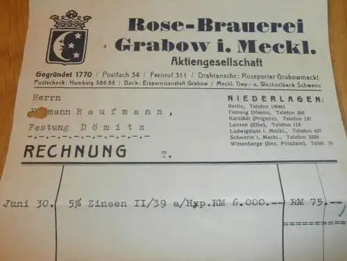 Rose - Brauerei in Grabow , 1937 , Hypothek - Festung Dömitz , Bier , Bierbrauerei , Mecklenburg !!