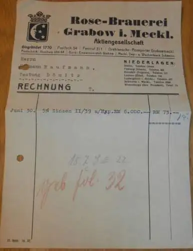 Rose - Brauerei in Grabow , 1937 , Hypothek - Festung Dömitz , Bier , Bierbrauerei , Mecklenburg !!