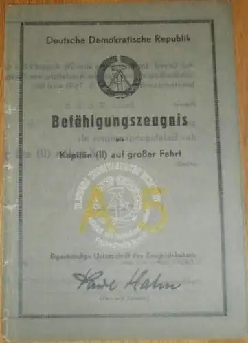 Ausweis - Kapitän auf großer Fahrt ,1955, Rostock i. Mecklenburg , DDR - Befähigung A5 , Paul Hahn , Börgerende , Schiff