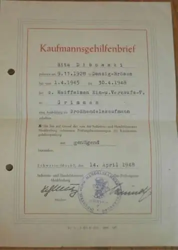 Kaufmannsbrief , 1945 - 1948 , Rita Dibowski in Grimmen / Danzig - Brösen , Schwerin , Mecklenburg , Raiffeisen !!!