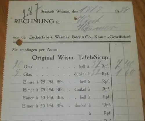 alte Rechnung - Zuckerfabrik in Seestadt Wismar , 1934 , Bock & Co. , Mecklenburg !!!