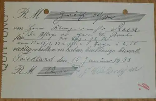 alte Quittung - Friedland i.M. , 1933 , Pflege von Herrn W. Bruhn , Pflegedienst ,Hr. Raese !!!