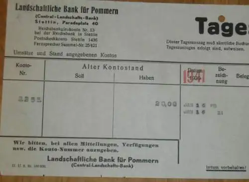 Landschaftliche Bank für Pommern in Stettin , 1942 , Sparkasse , Auszug , Konto !!!