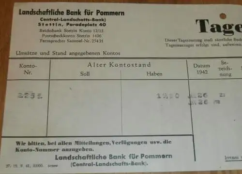 Landschaftliche Bank für Pommern in Stettin , 1941 , Sparkasse , Auszug , Konto !!!