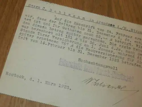 Ritterschaftliche Brand-Versicherung zu Rostock i. Mecklenburg , 1923 , C. Dahlmann in Arendsee i.M. , alte Karte !!!