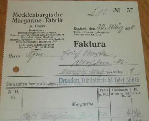 Mecklenburgische Margarine Fabrik - A. Hoyer in Rostock , 1938 , alte Rechnung , Heinz Hartig in Dresden !!!