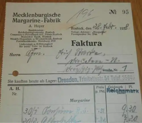 Mecklenburgische Margarine Fabrik - A. Hoyer in Rostock , 1938 , alte Rechnung , Heinz Hartig in Dresden !!!