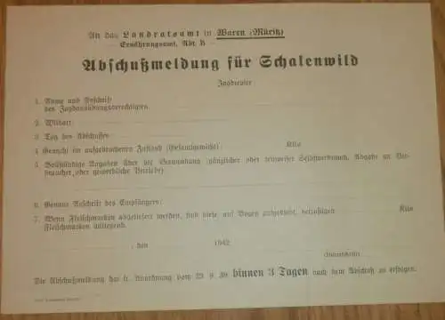 Abschußmeldung für Schalenwild , 1942 , Waren a. Müritz , Jagd , Forst , Jäger , Mecklenburg !!!