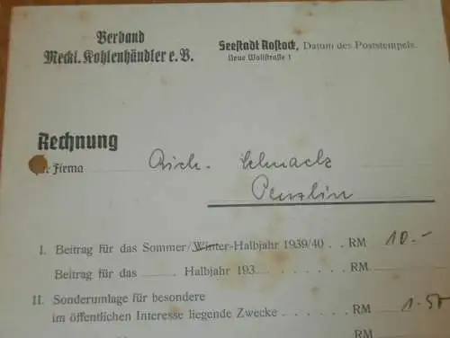 Verband Meckl. Kohlenhändler e.V. in Seestadt Rostock , 1940 , Kohlenhandel , alte Rechnung , Mecklenburg !!!