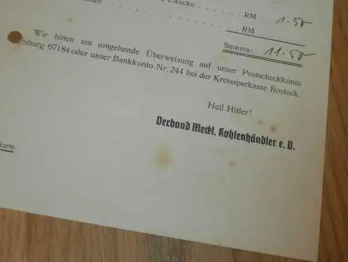 Verband Meckl. Kohlenhändler e.V. in Seestadt Rostock , 1940 , Kohlenhandel , alte Rechnung , Mecklenburg !!!