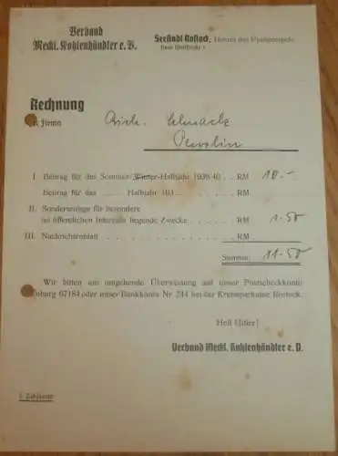 Verband Meckl. Kohlenhändler e.V. in Seestadt Rostock , 1940 , Kohlenhandel , alte Rechnung , Mecklenburg !!!