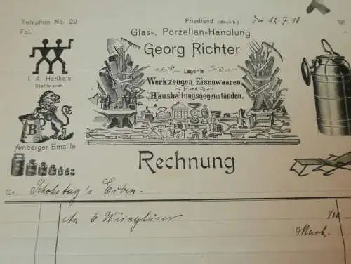 Porzellan - Handlung Georg Richter in Friedland i.M., 1910 , alte Rechnung , Mecklenburg !!!