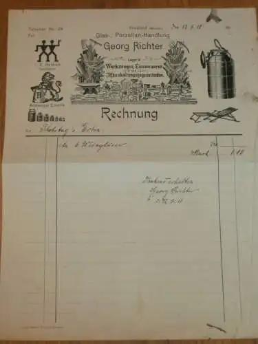 Porzellan - Handlung Georg Richter in Friedland i.M., 1910 , alte Rechnung , Mecklenburg !!!