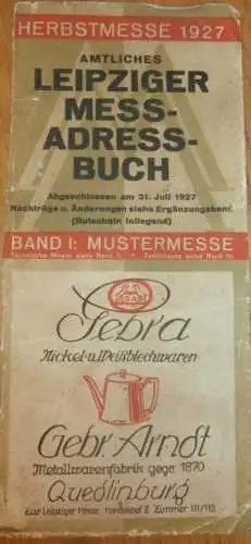 Leipziger Messe - Adressbuch 1927 - Reklameblatt - H. Prinz in Holthausen b. Plettenberg i.W.,Gebr. Arndt in Quedlinburg