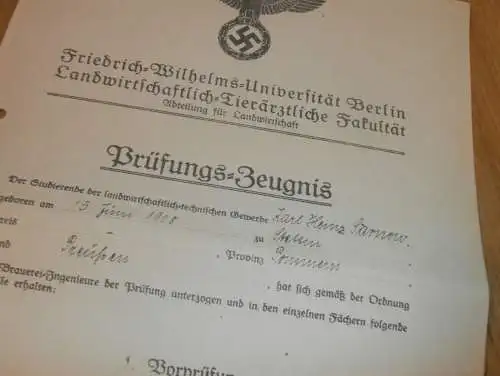 Prüfungs-Zeugnis für Brauerei - Ingenieure 1934 , Karl Sarnow in Stettin i. Pommern , Fakultät Berlin , Bierbrauerei !!