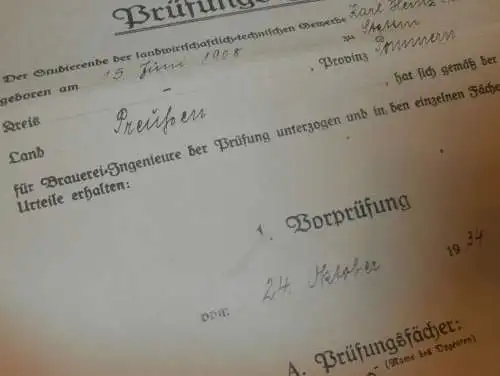 Prüfungs-Zeugnis für Brauerei - Ingenieure 1934 , Karl Sarnow in Stettin i. Pommern , Fakultät Berlin , Bierbrauerei !!