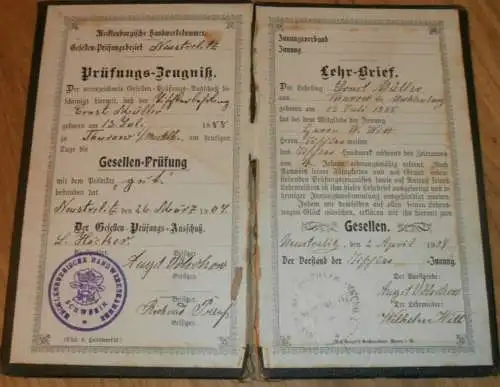 Lehrbrief / Zeugnis - Ernst Müller in Thurow , 1907/08 , Tischler Witt in Neustrelitz , Stempel Schwerin , Mecklenburg