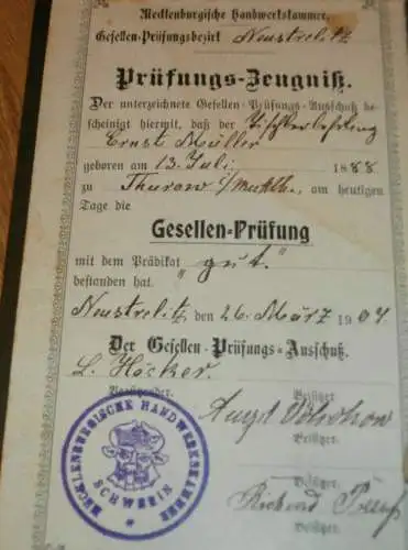 Lehrbrief / Zeugnis - Ernst Müller in Thurow , 1907/08 , Tischler Witt in Neustrelitz , Stempel Schwerin , Mecklenburg